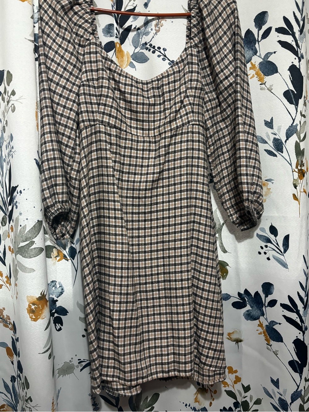 Hollister Tan and Black Plaid Long-Sleeve Scoop Neck Dress